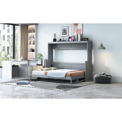 Gray Full Wall Bed, Hydraulic Lift Desk, Space - Saving For Small Residential Areas, Construction, 10 Inch Mattress Recommended Apartment Units,