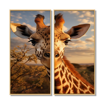 «Giraffe Portrait Vibrant», ensemble de 2 reproductions d'art sur toile, animaux beiges