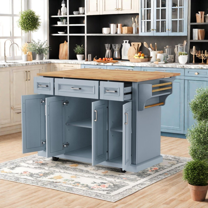 Large Kitchen Island with Drop Leaf, Rolling Cart, Storage, Drawers, and Wheels, Blue