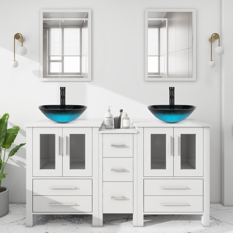Meuble-lavabo double 60 po avec comptoir en bois manufacturé, lavabo en verre, robinet et drain Khristophore, Blanc