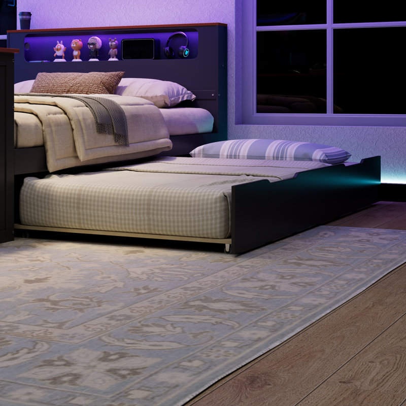 Full Size Wood Daybed with Trundle, Desk, LED Light & USB Storage, Black+Red, Full/Double, Black/Red
