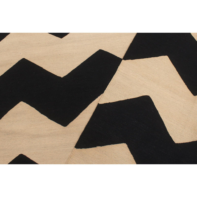 Tapis beige / noir rayé en laine tissé à la main rectangulaire 5 pi 7 po x 7 pi 11 po Cedorah