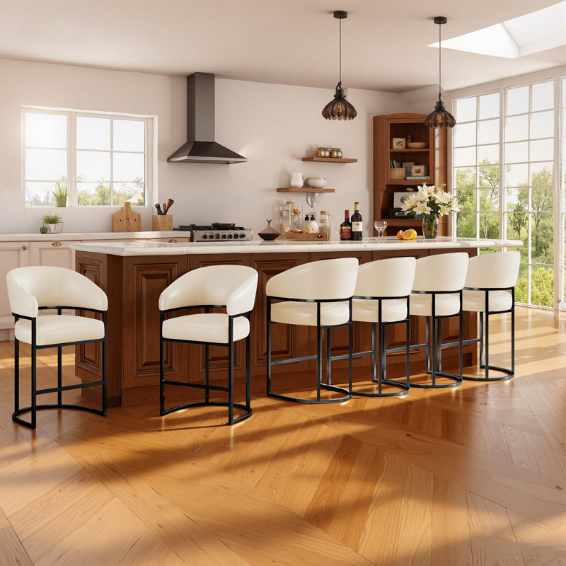 26" Counter Height Bar Stools,White PU Leather Black Metal Base, White Faux Leather, Black