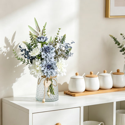 Artificial Flowers in Glass Vase with Dahlia, Silk Floral Arrangement for Home Decor Office Farmhouse Bathroom Dining Table Coffee Table Centerpiece, Blue and Gray