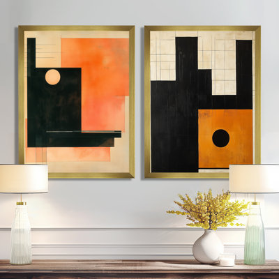 Géométrie du Soleil Ambré I - Ensemble de 2 impressions sur toile encadrées géométriques abstraites