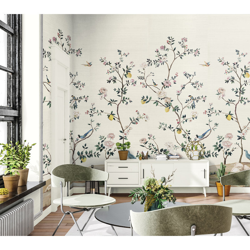 Argie Floral Grass Cloth Wallpaper, Gold Metallic