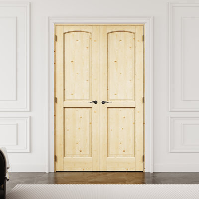48" x 80" 2-Panel Pine Wood Interior French Door with Black Hardware & Latch & Door Lever, Natural Pine Wood, Paintable & Waterproof, Suit for Laundry, Closet Doors, Room Doors, Assembly Required