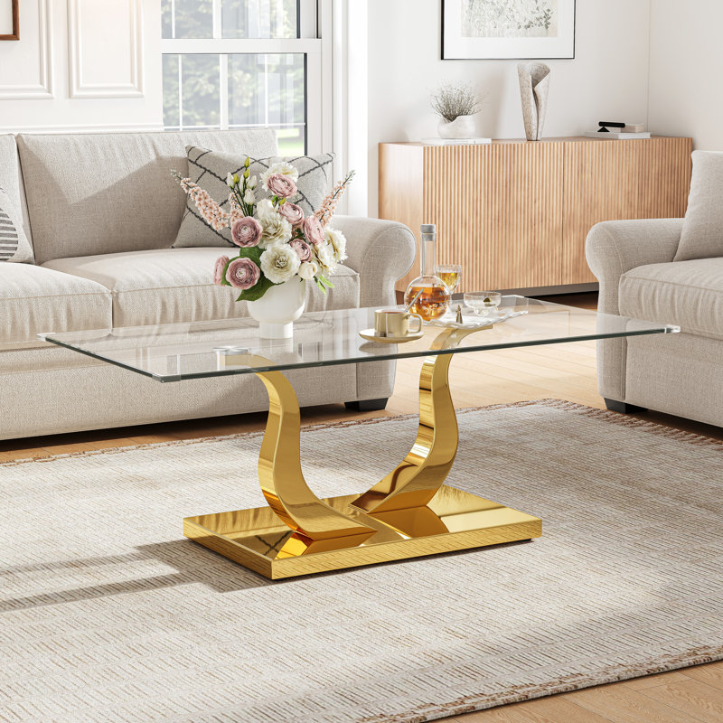 Table basse 47,24 po rectangulaire, plateau en verre trempé 0,39 po avec base en acier inoxydable double en forme de S