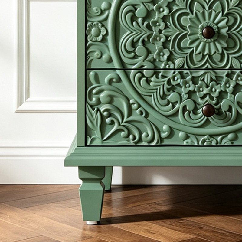 Commode de style champêtre à 3 tiroirs, commode de chevet à l'aspect vieilli avec façade ornée d'un motif floral en relief