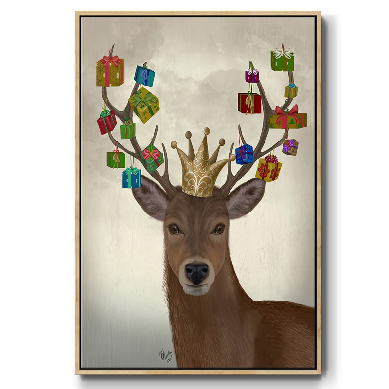 Cerf portant un cadeau de Noël, H 25 po x l 17 po x P 1,5 po, Naturel