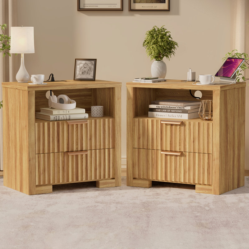 23.6''Wide 2-Drawer Nightstand with Built-In Outlets, Wood Bedside Table Night Stand with Open Storage Cabinet, Set of 2, Tan