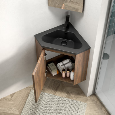 ZURI 22-Inch Bathroom Vanity with Sink, Wall-Mounted Floating Storage Cabinet, Triangular Striped Plywood with One Door, Black Integrated Resin Basin, Suitable for Corner, Pre-Assembled, Walnut Woodgrain Color