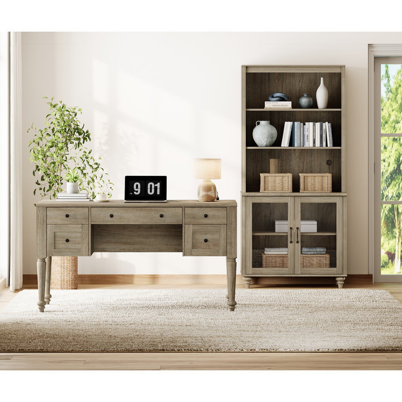 2 - Piece Office Set, 56" Executive Desk & Bookcase With Glass Doors, Wash Grey