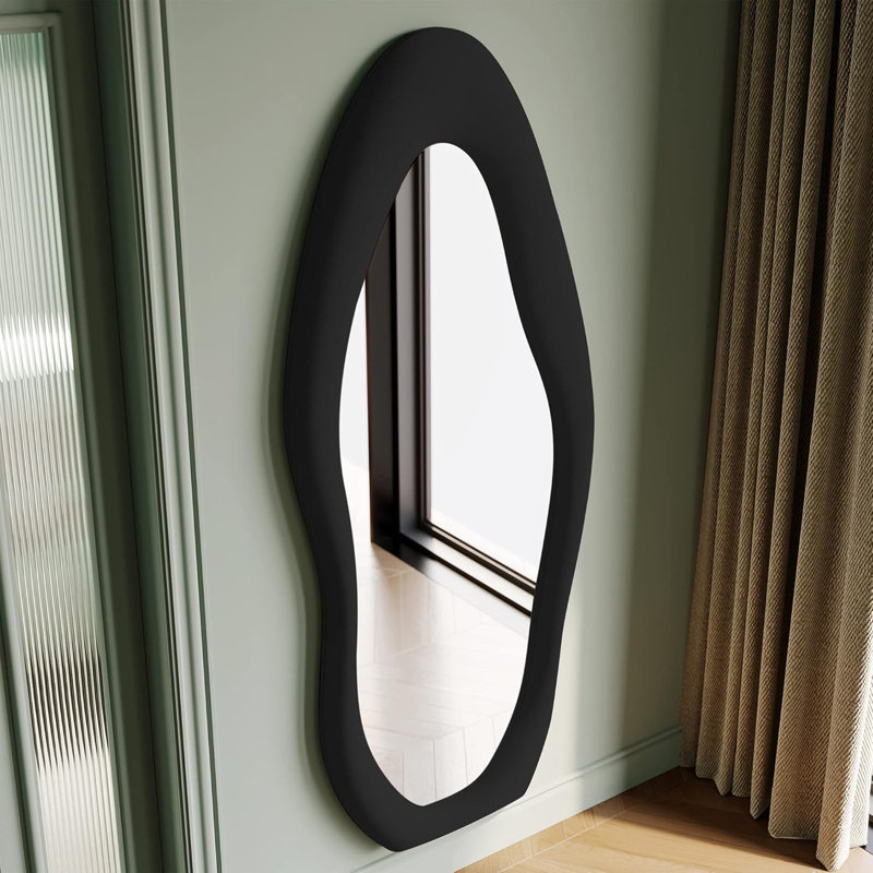 Full Length Mirror With Flannel Wrapped Wooden Frame, Irregular Wavy Design Wall Mirror, Large Floor Mirror For Bedroom Living Room Cloakroom, Premium Floating Glass For HD Reflection