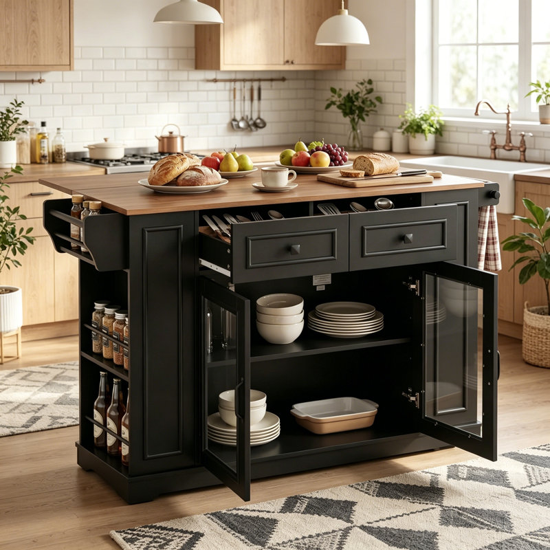 Kitchen Island with Glass Door Storage, Power Outlet and Open Shelves, Black