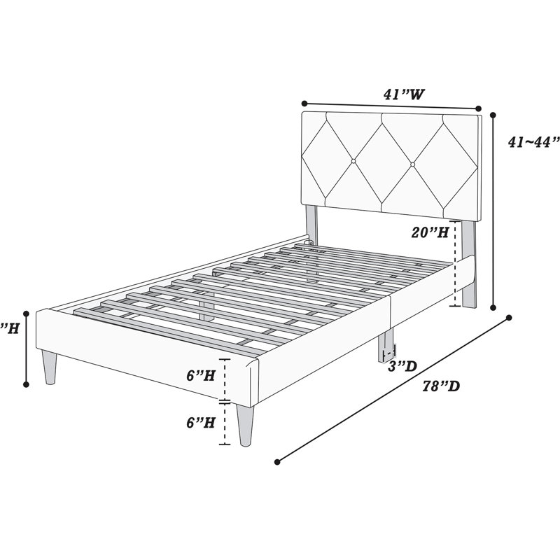 Lit simple avec support à 12 lattes, tête de lit réglable jusqu'à 3 pouces, velours pour chambre à coucher glamour