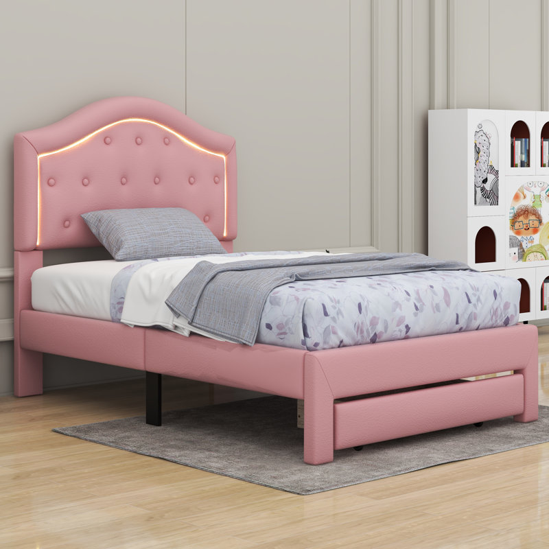 Lit plateforme tapissier simple Raelen avec tête de lit capitonnée, DEL et tiroir, Rose