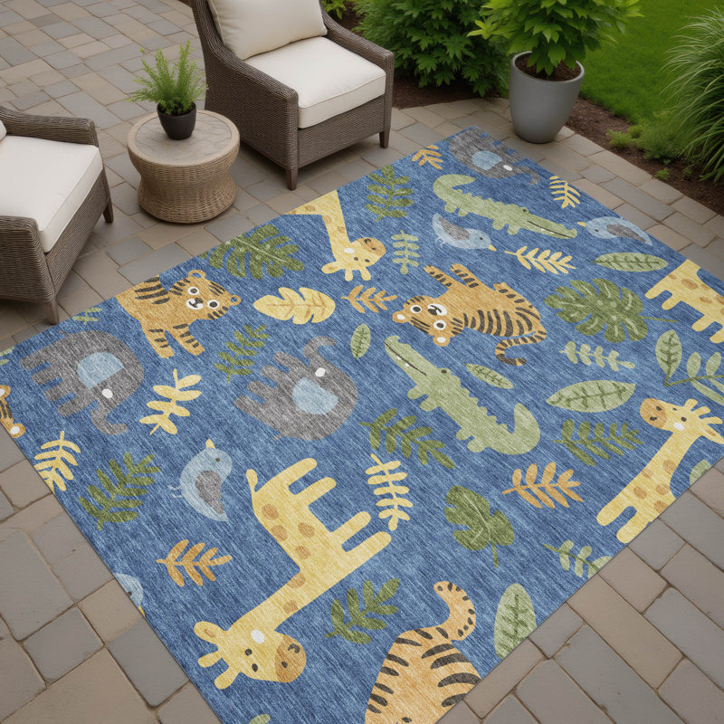 Machine Washable Indoor/Outdoor Chantille ACN2578 Kids Rug, Blue, 5' x 7'6"