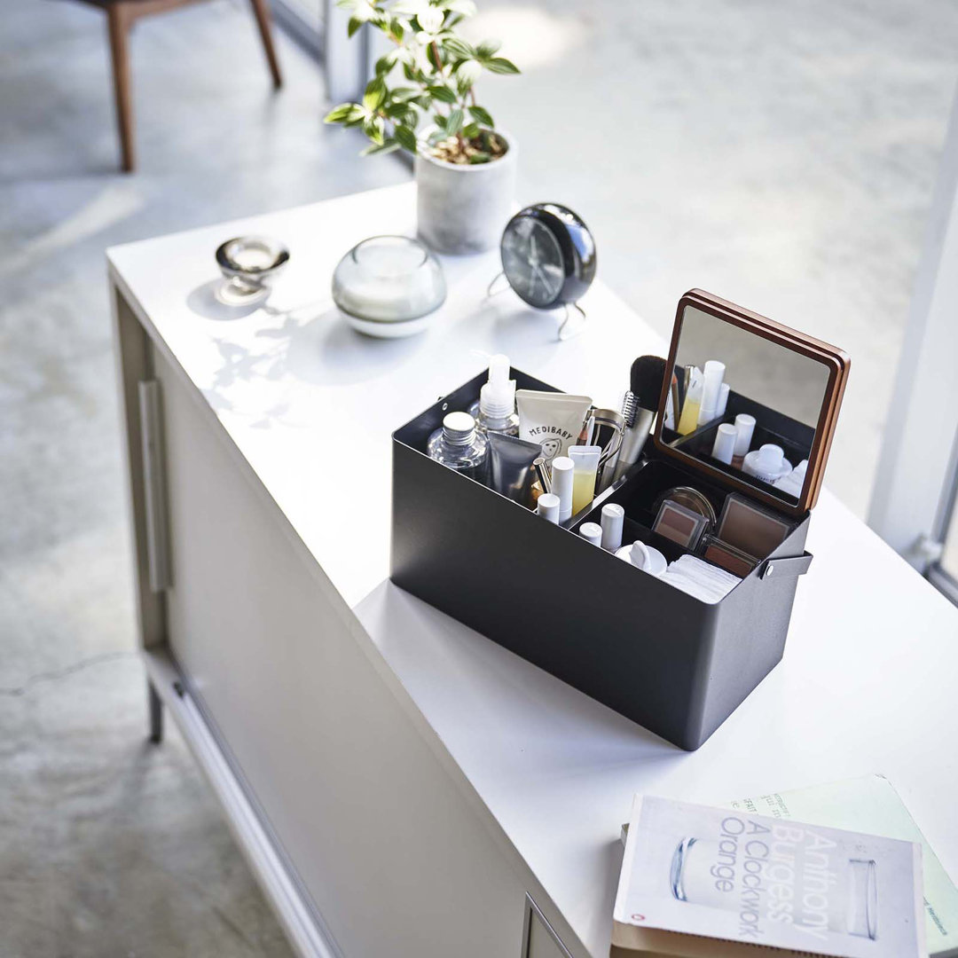 Yamazaki Home Large Makeup Organizer Cosmetic Caddy With Handle Vanity Storage Mirror, Steel + Wood Yamazaki Home