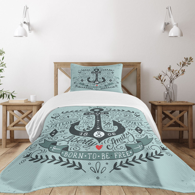 Navy and Turquoise Twin Anchor Bedspread Set