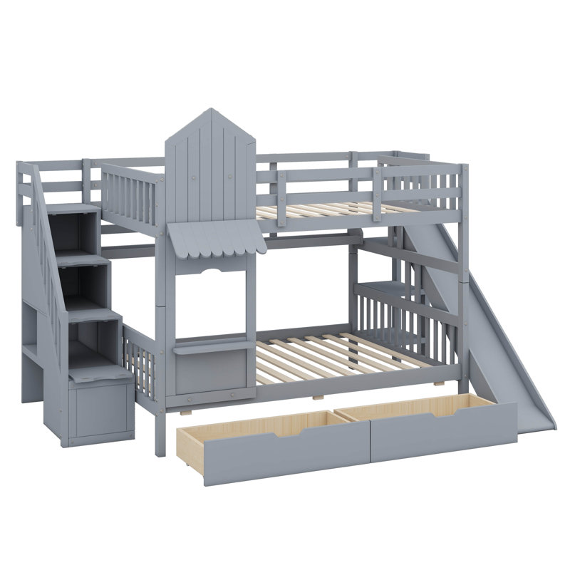 Lit superposé Castle Design avec 2 tiroirs, 3 tablettes et glissade, Double sur double, Gris