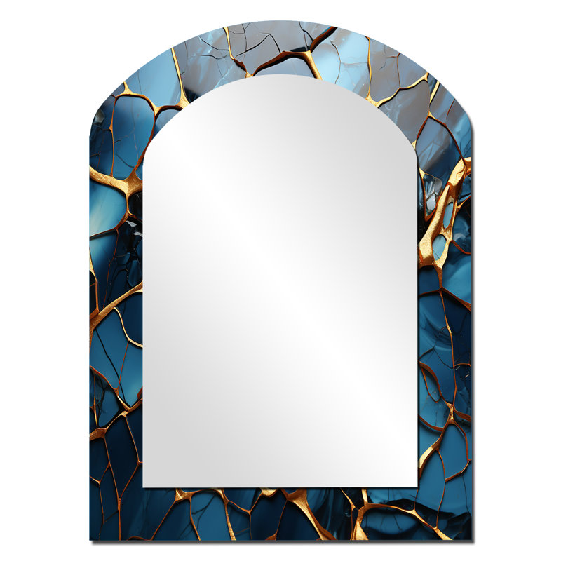 Or et mosaïque de marbre bleu agate I - grand miroir mural asymétrique abstrait, miroir moderne arche unique, impression d'art en métal