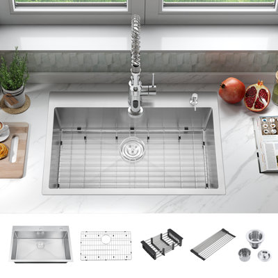 Évier de cuisine encastré en acier inoxydable 304 de 33 po à cuve simple avec passoire, grille de séchage et crépine