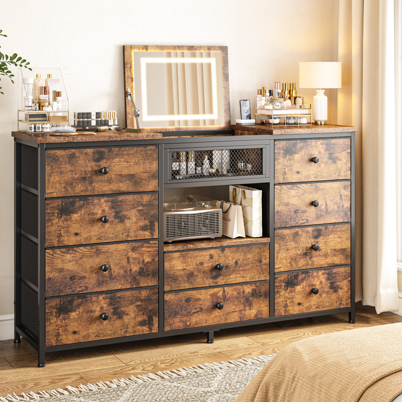 55.12" W Dresser For Bedroom With Mirror & 10 Drawers, Bedroom Dressers With Led Lights & Charging Station, Brown