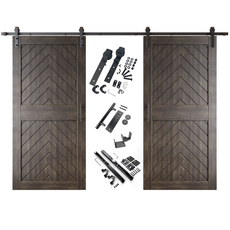 Homacer ébène 36 po x 84 po fini et non assemblé 4-en-1 Fishbone deux portes de grange avec quincaillerie d'installation sans dérivation, rail de 13 pi, utilisation intérieure seulement