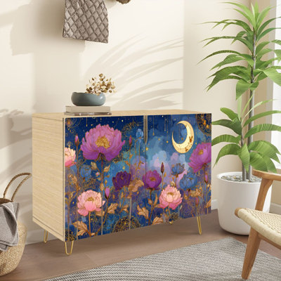 Sideboard Buffet Cabinet with Storage Mystical Floral Galaxy Crescent Moon with 2 Doors for Living Room and Kitchen
