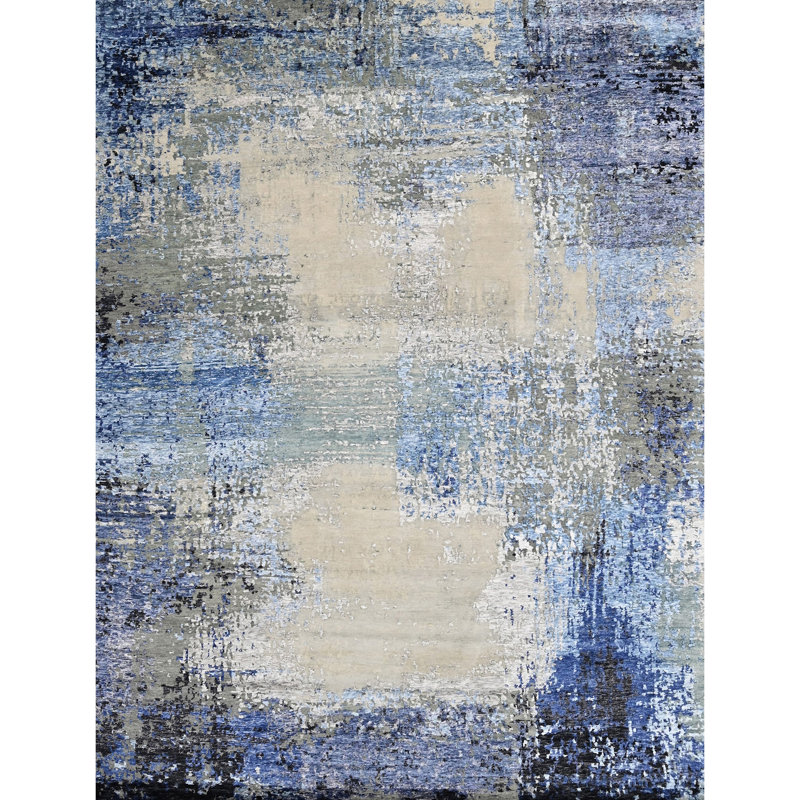 High-Quality Hand-Knotted Beige And Blue Area Rug, Rectangle 6' x 9'