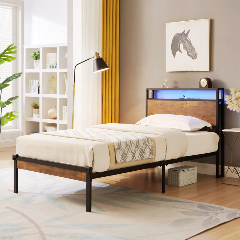 Hubele Metal Platform Bed with USB LINER and LED Lights, Twin