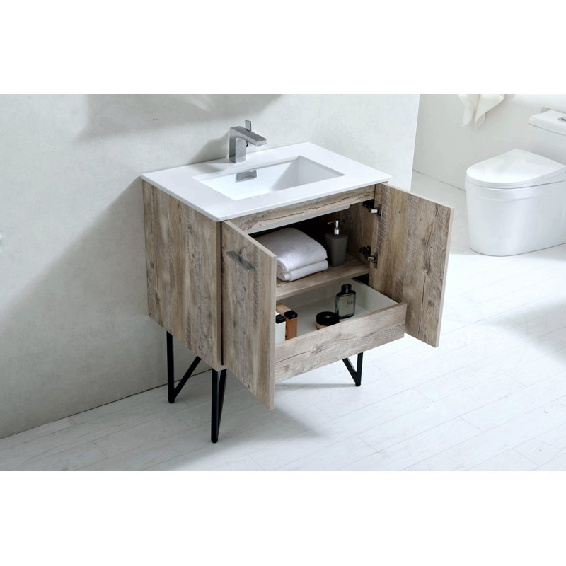 Ensemble de meuble-lavabo simple 30 po avec miroir Almaraz, Bois naturel