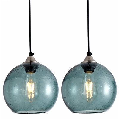 Set of 2 Modern Globe Pendant Light with Adjustable Cord and Tinted Glass Shade, and Light Green