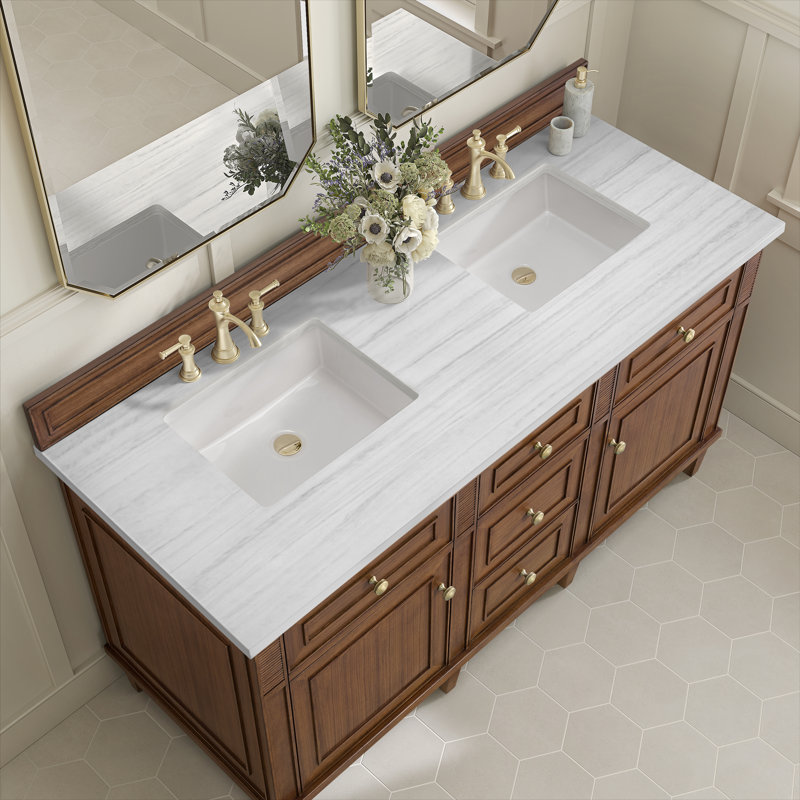 Lorelai 60'' W Double Vanity, Mid-Century Walnut, White Zeus, 8" Widespread