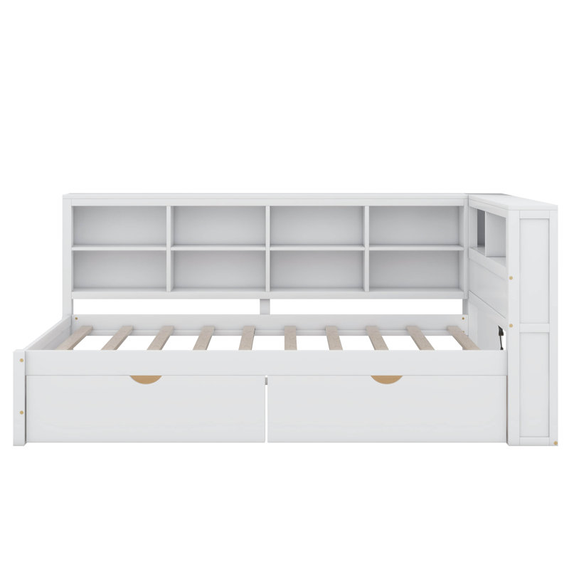 Candrice Wooden DayBed with 2 Drawers, Storage Shelf and USB Charging Ports, Twin, White