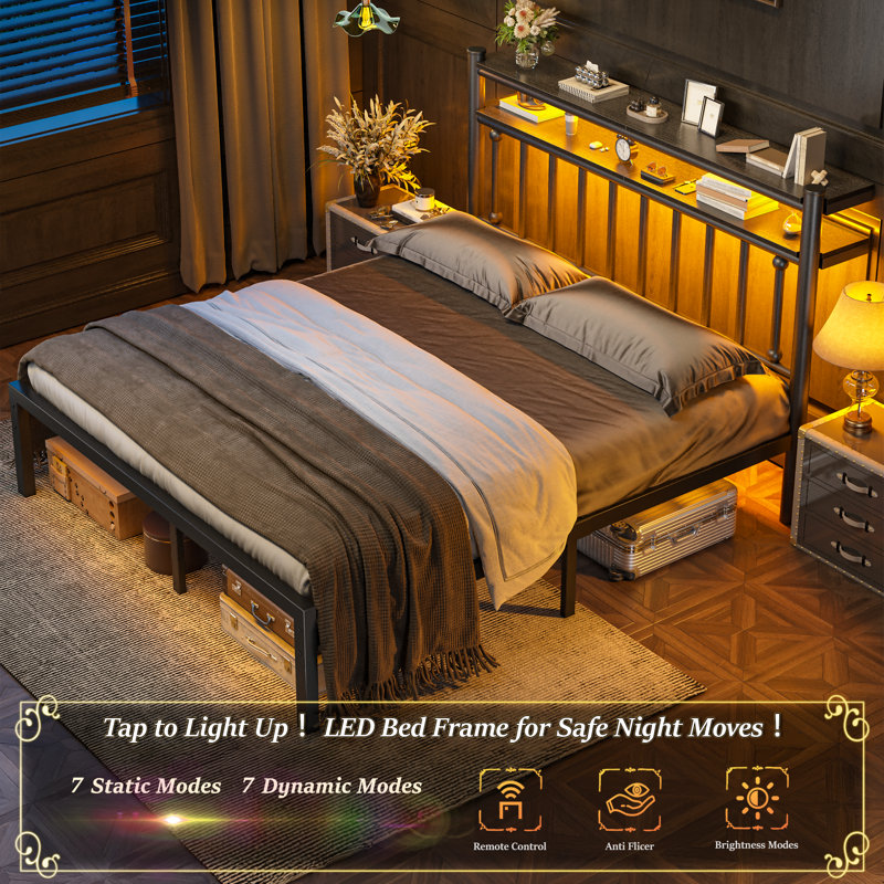 Structure de lit en métal avec tête de lit à 2 niveaux et éclairage DEL, sans sommier, sans bruit, assemblage facile, Noir 