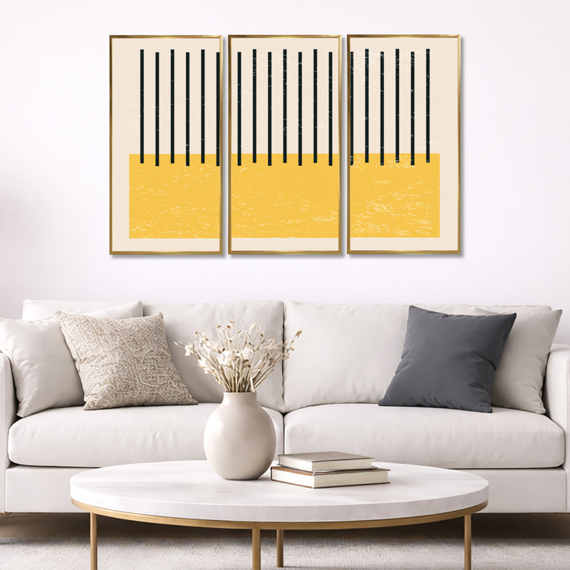 Minimal Geometric Compostions of Elementary Forms xiv - Ensemble de 3 reproductions encadrées sur toile, Cadre doré