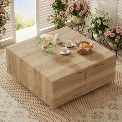 Table basse carrée à 4 tiroirs avec rangement spacieux, table basse robuste en bois de style Mid-Century pour centre de salon ， Naturel