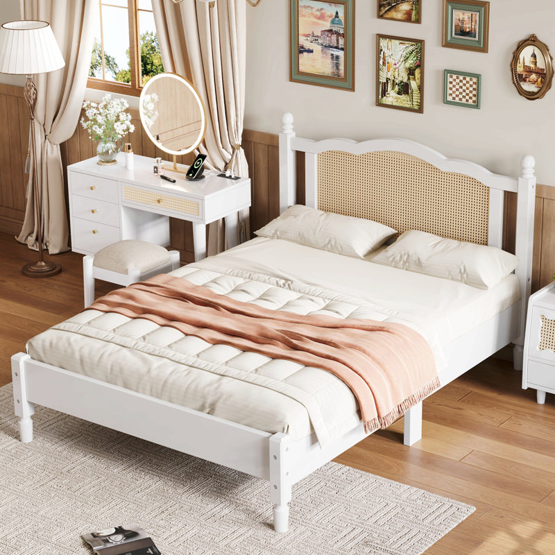 Lit plateforme en bois avec tête de lit en rotin naturel, cadre de lit rétro avec support en lattes de bois, Lit double