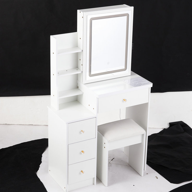 Table de meuble-lavabo blanche à gauche, avec miroir à DEL tactile, luminosité réglable et 3 options de couleur, tabouret rembourré inclus, convient aux petites pièces et