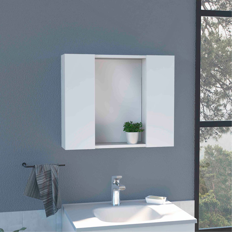 Medicine Cabinet, Double Door, Mirror, One External Shelf, White