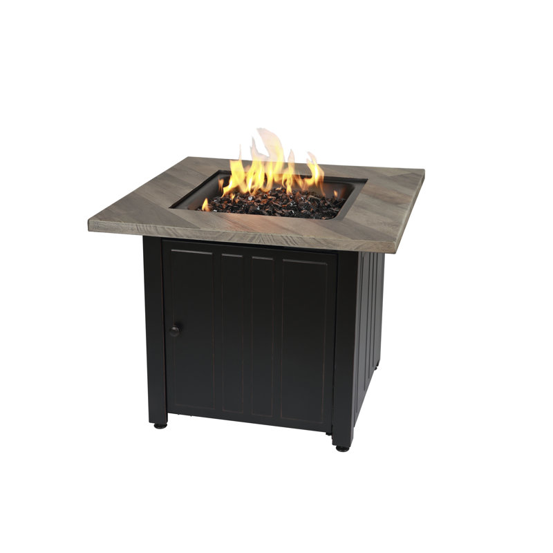Black and Gray Steel Gas Fire Pit Table with Faux Wood Mantel