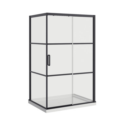 Cabine de douche à cadre noir mat Atlas avec panneau fixe et base inclus