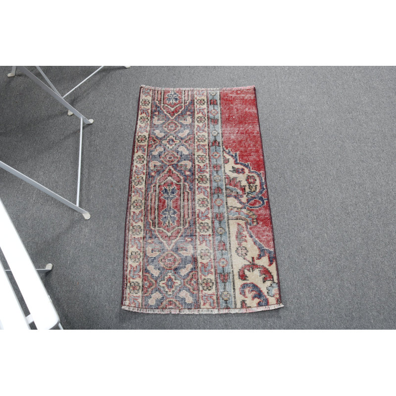Antique Handmade Turkish Rug with Decorative Bohemian Design in Vibrant Red and Blue Hues