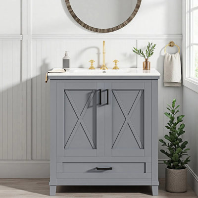 Meuble-lavabo de ferme 30 po avec tablette réglable et tiroir divisé, portes à fermeture douce avec tablettes de rangement doubles, conception en forme de X