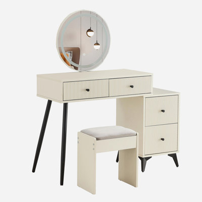 Meuble-lavabo cannelé avec miroir rond à DEL et lumières, grande coiffeuse moderne à plateau en verre avec 4 tiroirs et tablettes ajustables