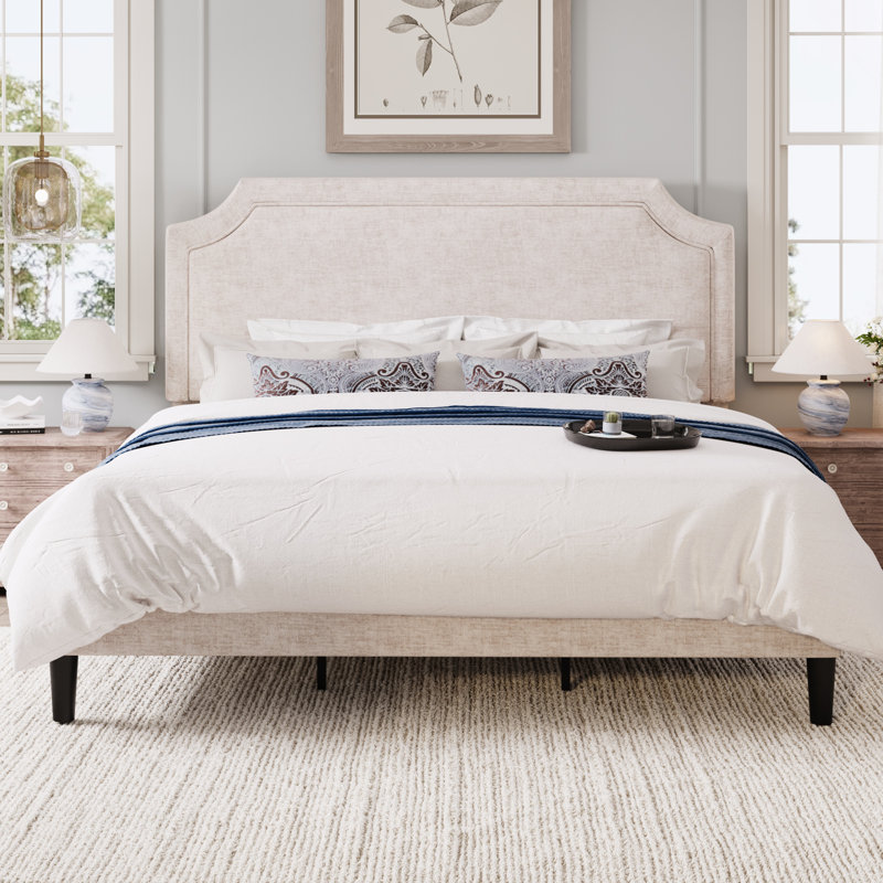 Modern Upholstered Platform Bed Frame With Adjustable Headboard, Beige, King