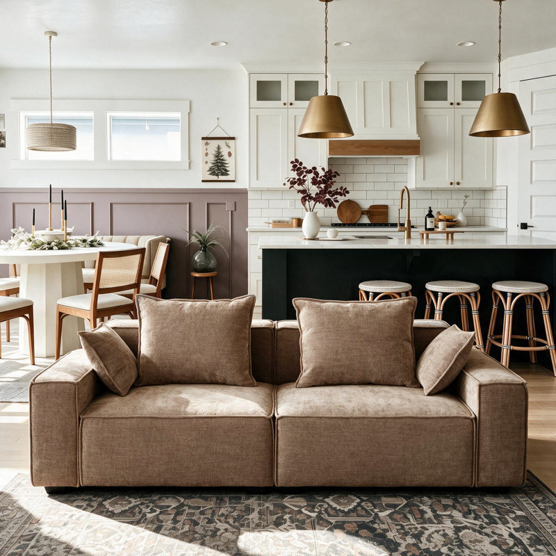 Makassar 89.37' Sofa with Square Armrests, Faw Chenille