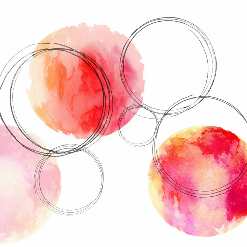 Red and Pink Circles Asbtract 1 - peinture sur toile tendue, H 20 po x l 20 po